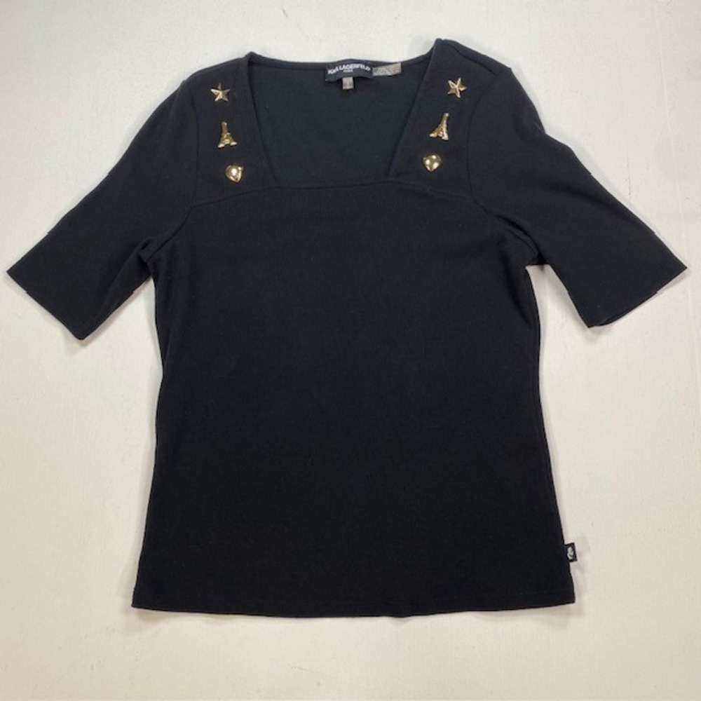 Karl Lagerfeld Paris Black Ribbed Square Neck Top Gold Eiffel Tower Charms M